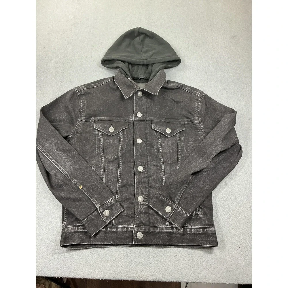 American Eagle Jacket Mens Small Gray Denim Hooded Trucker Bomber Button Front